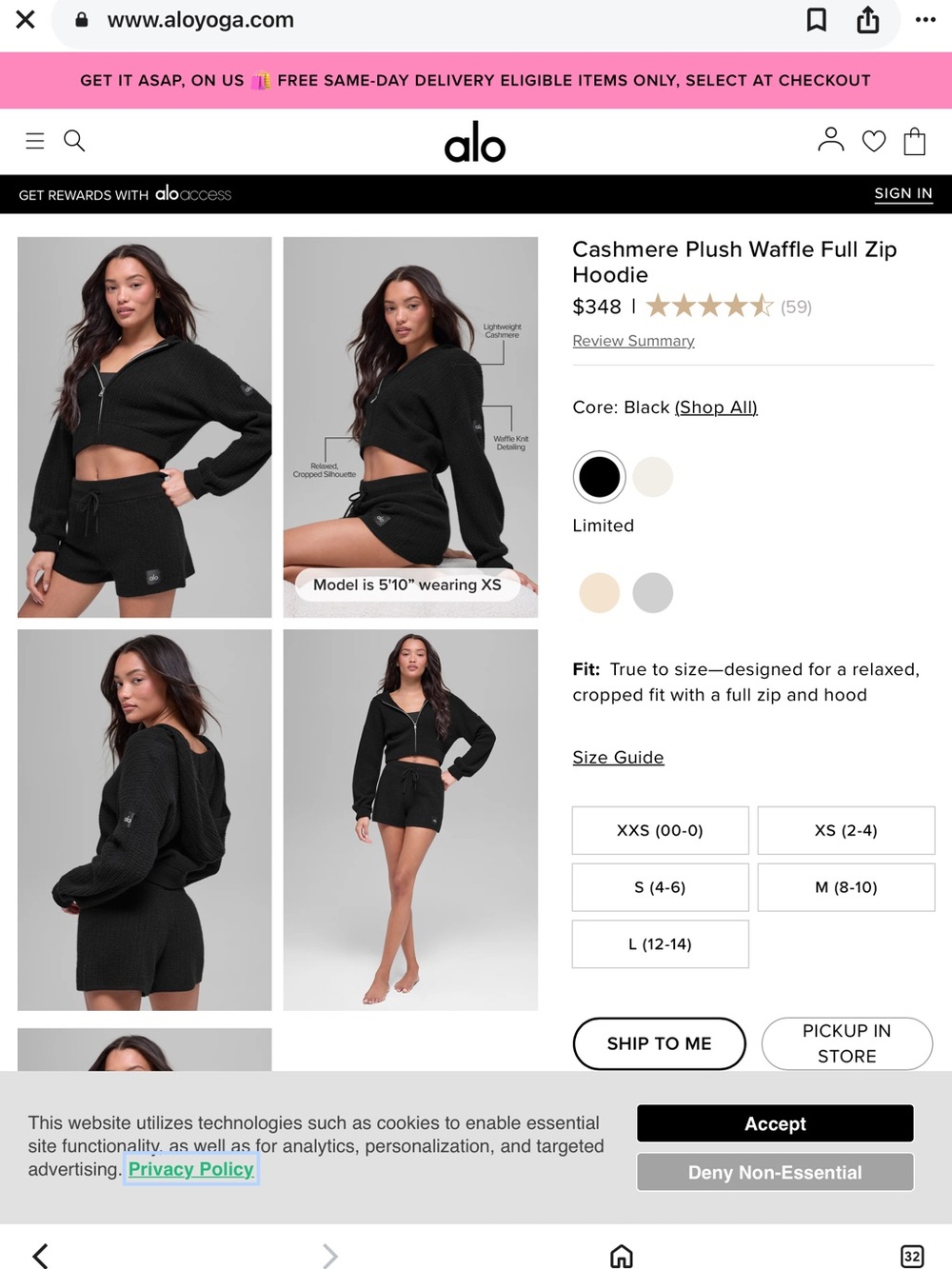 ALO Yoga Black Cashmere Plush Waffle Full Zip Hoodie